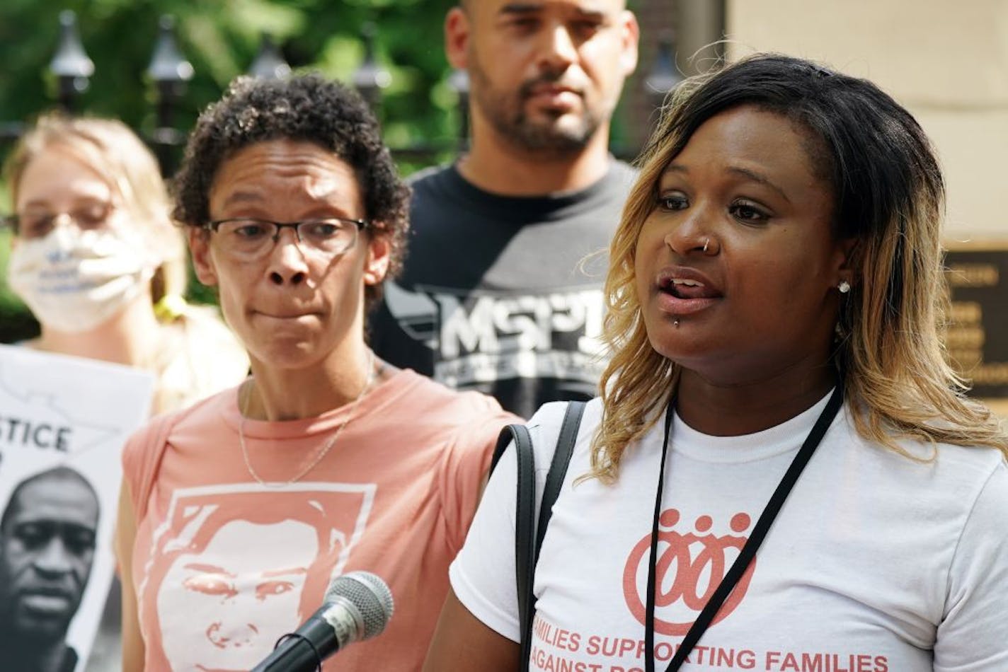 Toshira Garraway, whose partner Justin Teigen was killed by police in 2009, spoke during a press conference to denounce the reforms to the state's criminal justice system passed by the legislature Tuesday outside the Governor's Residence. The groups say the legislation is watered down and doesn't go far enough to address police accountability.