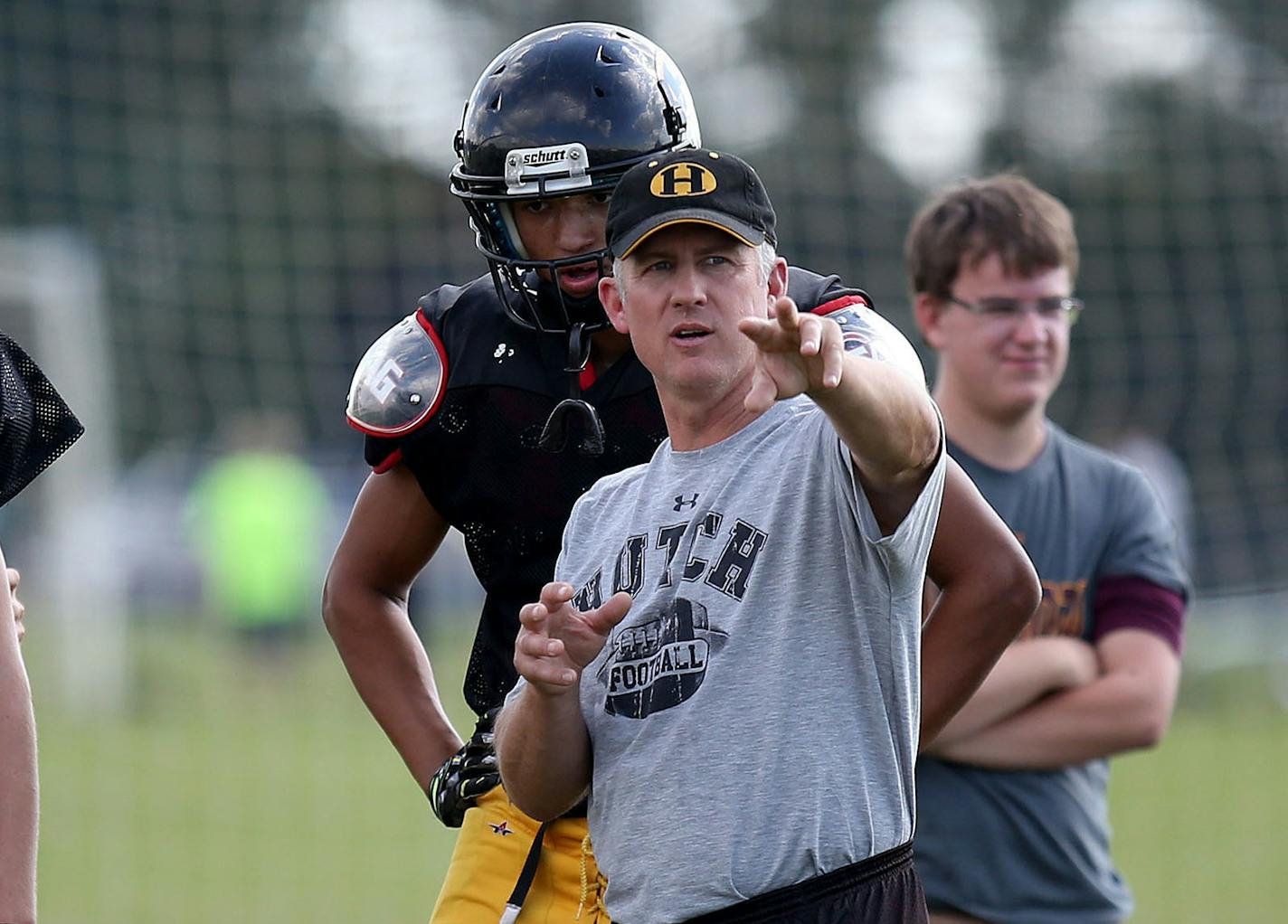 Hutchinson's head coach Andy Rostberg talked to his players during practice. ] (KYNDELL HARKNESS/STAR TRIBUNE) kyndell.harkness@startribune.com Hutchinson football practice in Hutchinson Min., Wednesday, September 17, 2014.