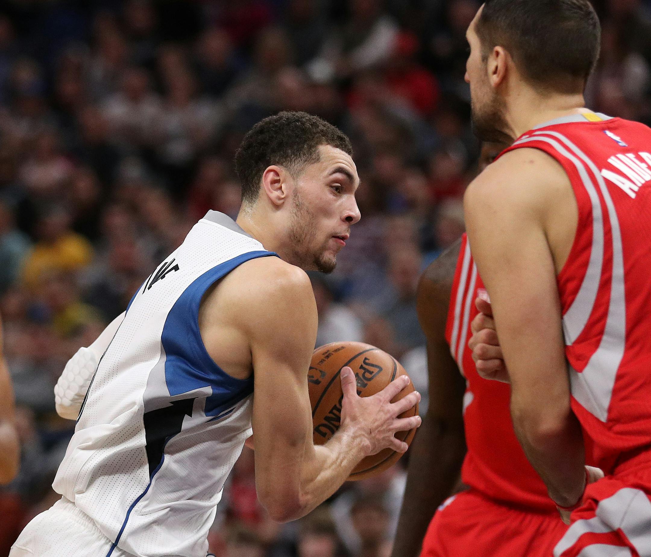 Minnesota Timberwolves guard Zach LaVine (8) drives to the basket in the first half. ] ANTHONY SOUFFLE &#x2022; anthony.souffle@startribune.com The Minnesota Timberwolves played the Houston Rockets during an NBA game Saturday, Dec. 17, 2016 at the Target Center in Minneapolis.