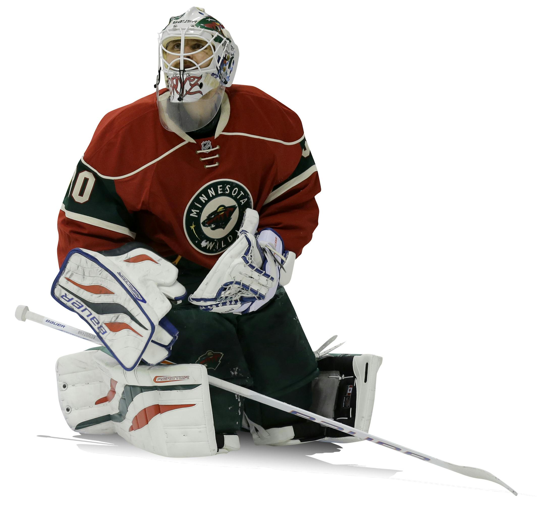 Minnesota Wild goalie Ilya Bryzgalov (30), of Russia, kneels in front of the net during the second period of an NHL hockey game against the Boston Bruins in St. Paul, Minn., Tuesday, April 8, 2014. (AP Photo/Ann Heisenfelt) ORG XMIT: OTKAH107