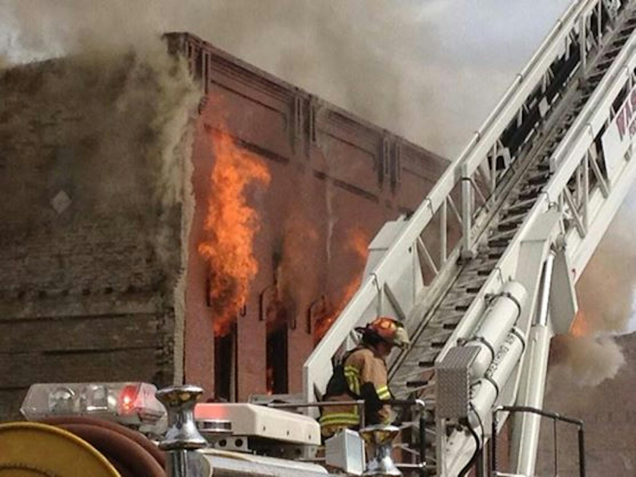 A large structure fire erupted Thursday morning in downtown Waterville, Minn. a small town about 16 miles west of Faribault. Photo courtesy KEYC-TV Mankato.