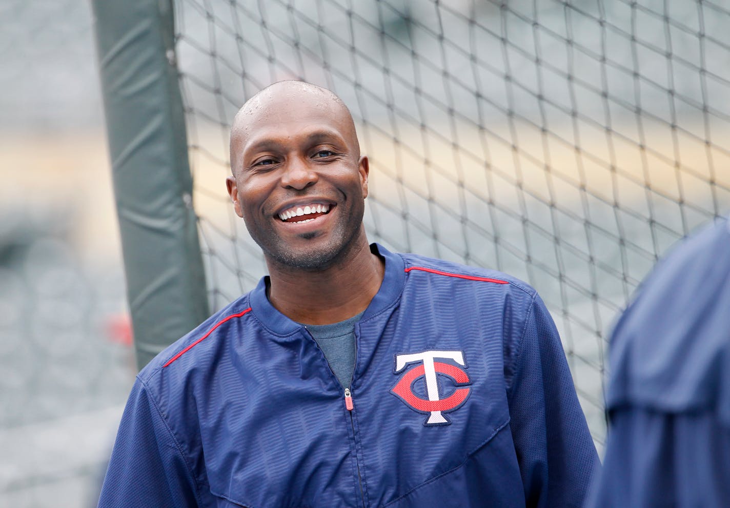 Minnesota Twins right fielder Torii Hunter laughs before a baseball game against the Pittsburgh Pirates in Minneapolis, Tuesday, July 28, 2015. (AP Photo/Ann Heisenfelt)