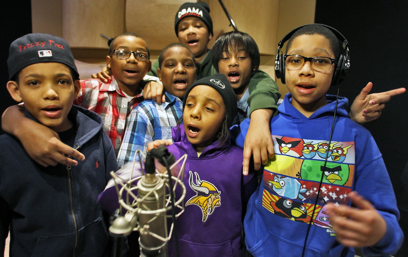 The KIDS from north Minneapolis who recorded the viral hit "Hot Cheetos & Takis". Here they rehearse in a Minneapolis recording studio. Frizzy Free, 10, Fly Guy Carter, 11, G6, 12, Chips, 14 (wearing Obama hat), Ben, 10, Lady J, 10 and Naz, 11. (MARLIN LEVISON/STARTRIBUNE(mlevison@startribune.com (cq -all names Melissa Mercedes - parent/group rep NOTE: MERCEDES PREFERRED TO USE THE KIDS STAGE NAMES)