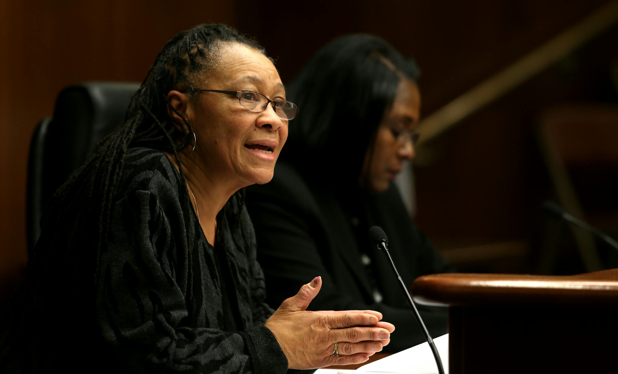 St. Paul Ramsey County Commissioner Toni Carter (left) testified at a public hearing at the State Capitol Office Building on Wednesday afternoon in St. Paul, MN on January 29, 2014. Representative Rena Moran is on the right. ] JOELKOYAMA‚Ä¢jkoyama@startribune The debate over whether to conduct drug tests of welfare recipients has intensified, as county officials and conservatives lock horns over whether ex-felons should undergo the extra scrutiny to get cash benefits. Commission