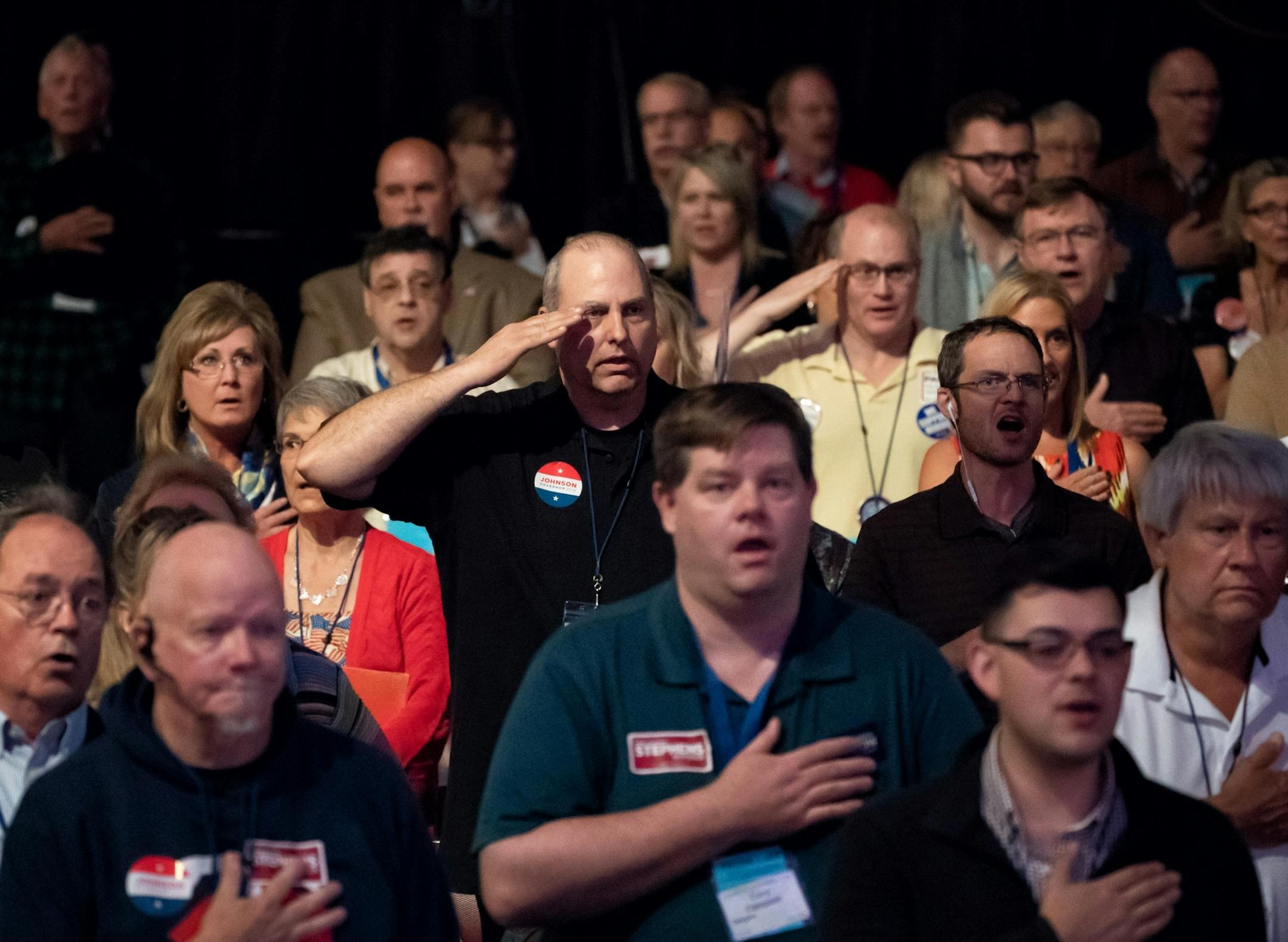Delegates sang the Star Spangled Banner at the Republican state convention in Duluth.