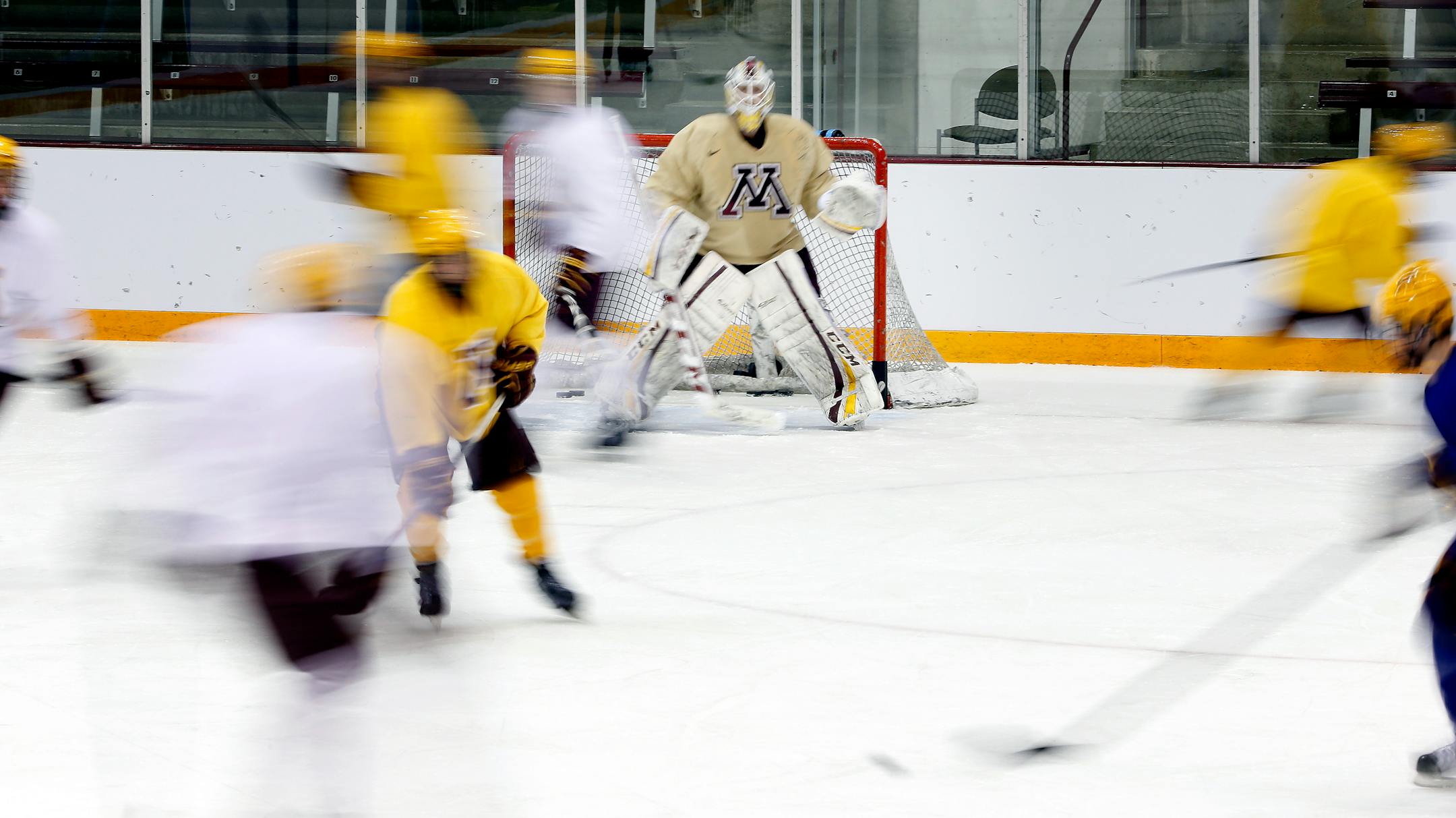 Gophers players during men's hockey practice on Wednesday at Ridder Arena . ] CARLOS GONZALEZ cgonzalez@startribune.com - March 19, 2014 , Minneapolis, Minn., Ridder Arena, Gophers men's hockey Big Ten tournament advance, looking at the speed of the Gophers team.