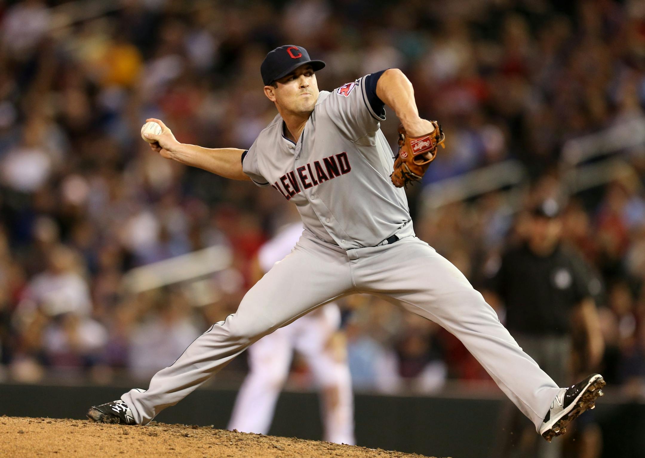 Cleveland Indians relief pitcher Jeff Manship (53) pitched his way out of bases loaded situation in the seventh inning at Target Field Tuesday September 22, 2015 in Minneapolis, MN.