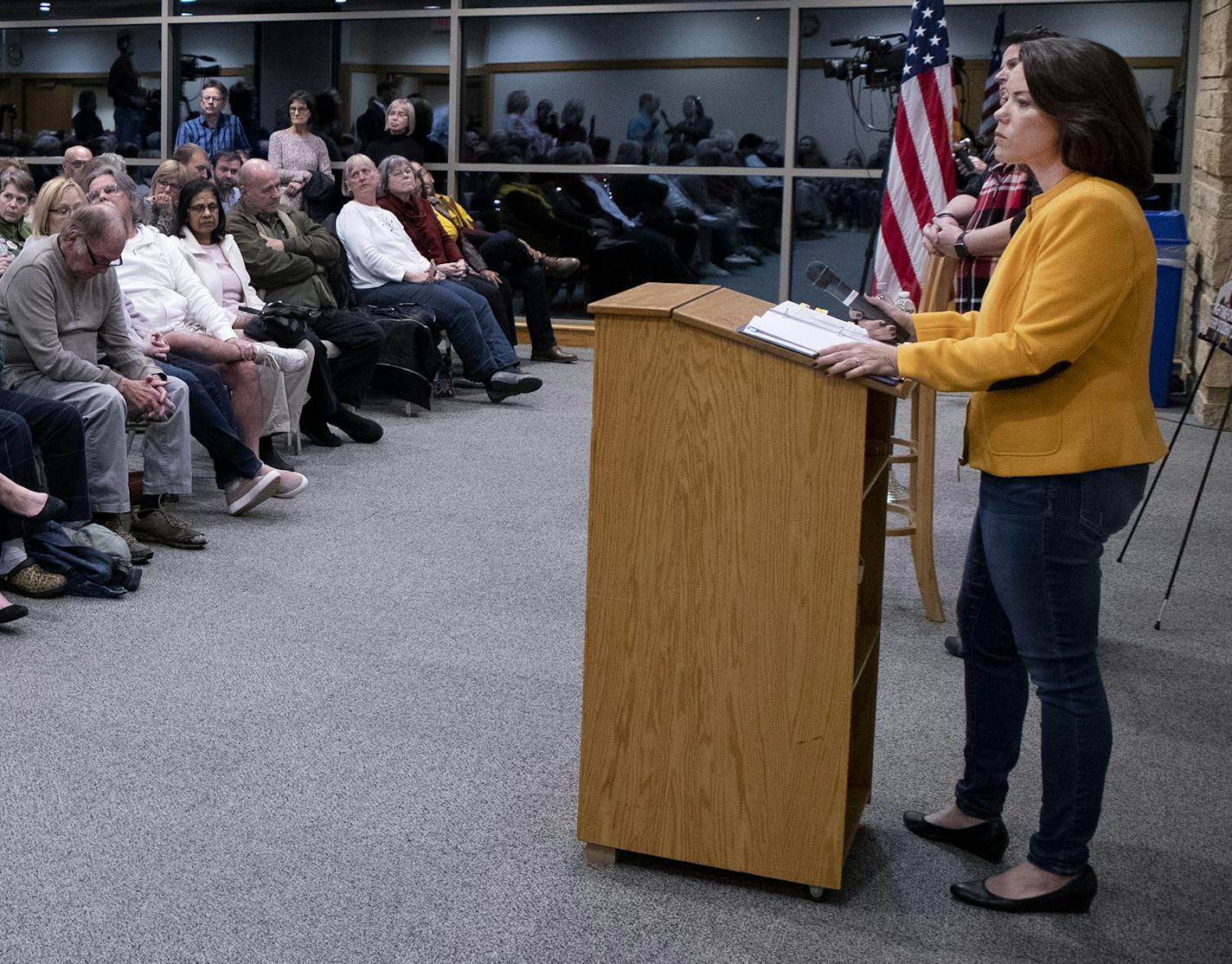 U.S. Rep. Angie Craig listened to a question during a Town Hall at the Eagan Community Center. ] CARLOS GONZALEZ • cgonzalez@startribune.com – Eagan, MN – October 14, 2019, Eagan Community Center, U.S. Rep. Angie Craig, Town Hall