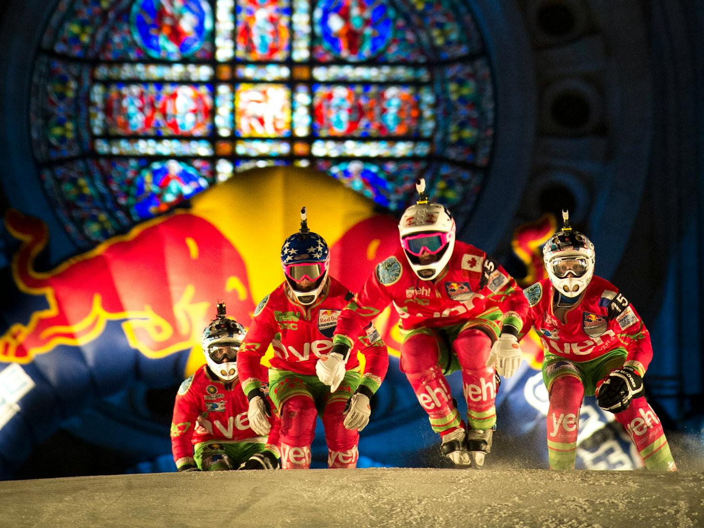 In this file photo from Crashed Ice 2015, racers prepared to go down the last drop of the Cathedral bridge obstacle.