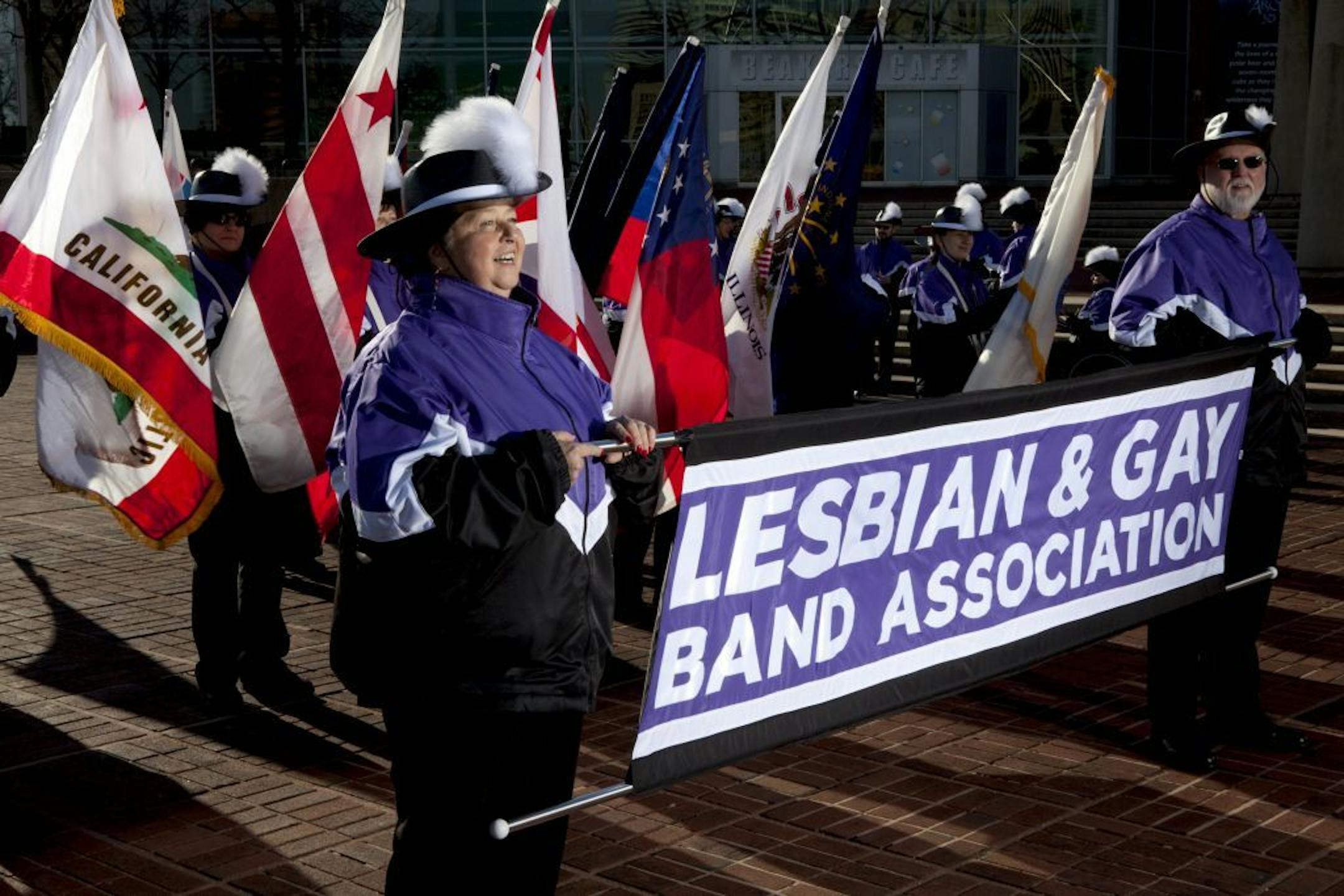 Members of the Lesbian and Gay Band Association rehearse their performance for the inaugural parade, in Baltimore, Md., Jan. 20, 2013. President Barack Obama was quietly sworn into office for a second term just before noon Sunday in a brief and intimate ceremony, ahead of Monday's far showier public inaugural celebrations.