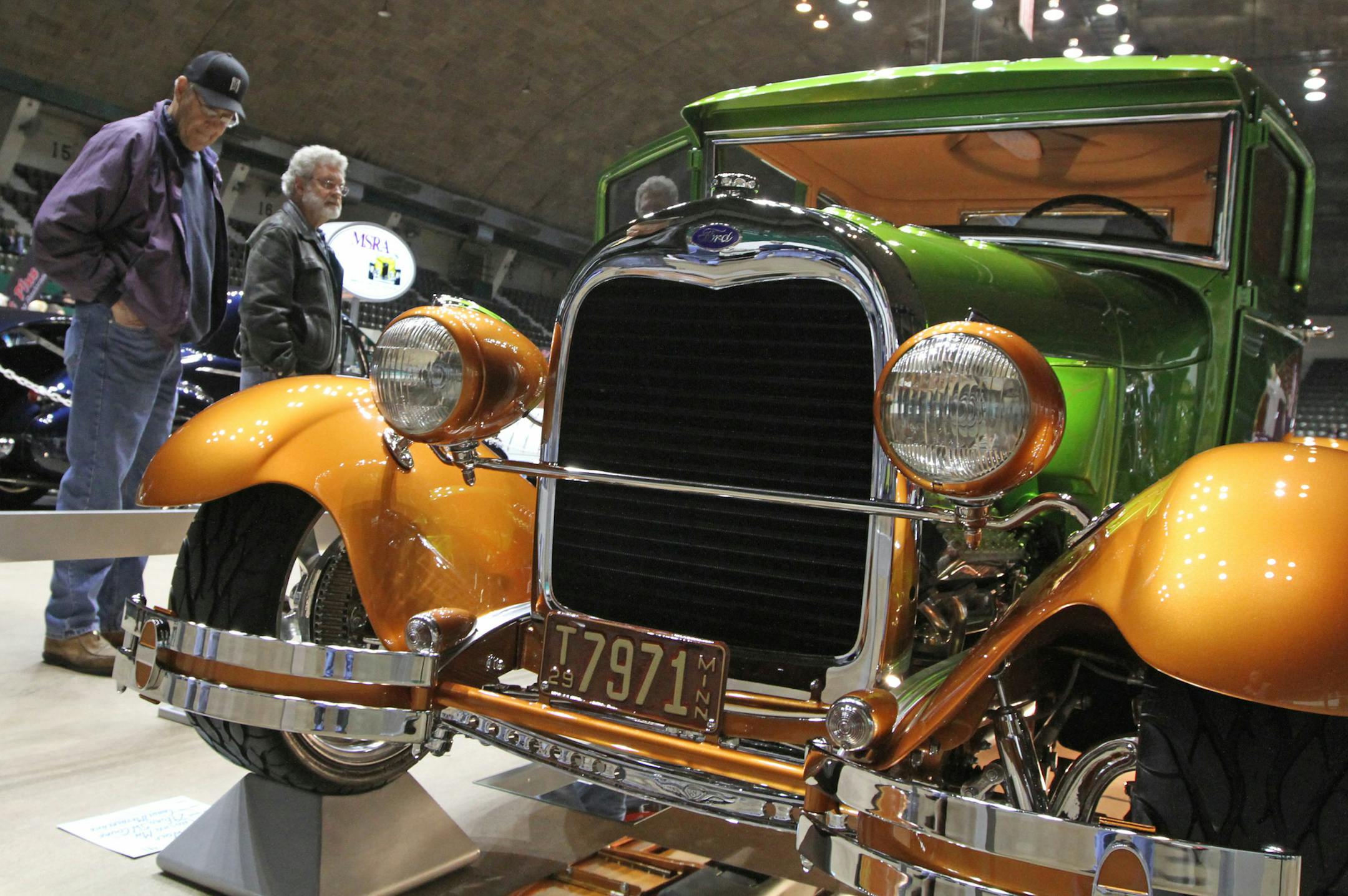 A 1929 Ford 5W Coupe owned by Bill Wolf of Chaska MN., attracted viewers. Thousands of people viewed over 100 of the area's finest Hot Rods, Customs, Street Machines and Motorcycles on display during the 57th Annual Gopher State Timing Association (GSTA) Rod & Custom Spectacular at the Minnesota state Fairgrounds Coliseum on Saturday April 13th and Sunday April 14th. Minnesota's longest running motorized extravaganza, this year featuring the Battle of the Brushes, a pinstripers competition. Artw