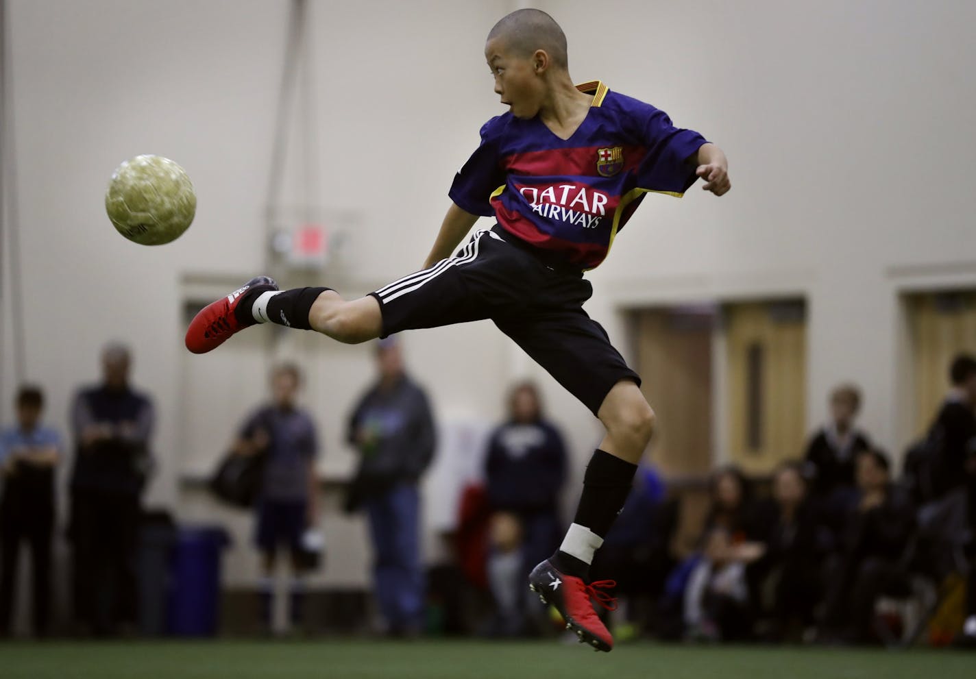 Kenji Moua of the Generation X soccer team blocked a shot during a 4 on 4 game at the National Sports Center Sunday February 19, 2017 in Blaine, MN.