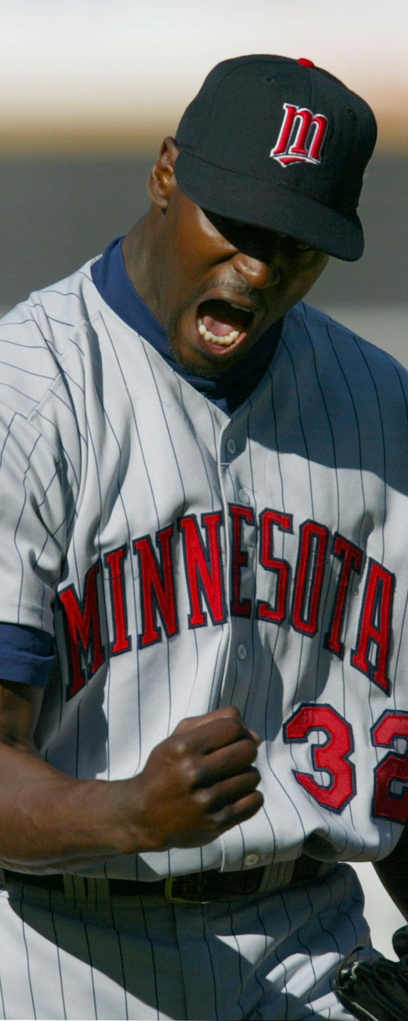 OAKLAND - 10/6/02 - The Twins beat the Oakland A's 5 - 4 Sunday afternoon at Network Associates Coliseum in Oakland to advance to the American League Championship Series for the first time since 1991.
IN THIS PHOTO: Twins reliever LaTroy Hawkins reacts to striking out the A's Adam Piatt for the final out of the eighth inning Sunday afternoon. Piatt was pinch hitting for Scott Hatteberg. ORG XMIT: MIN2016112316545731