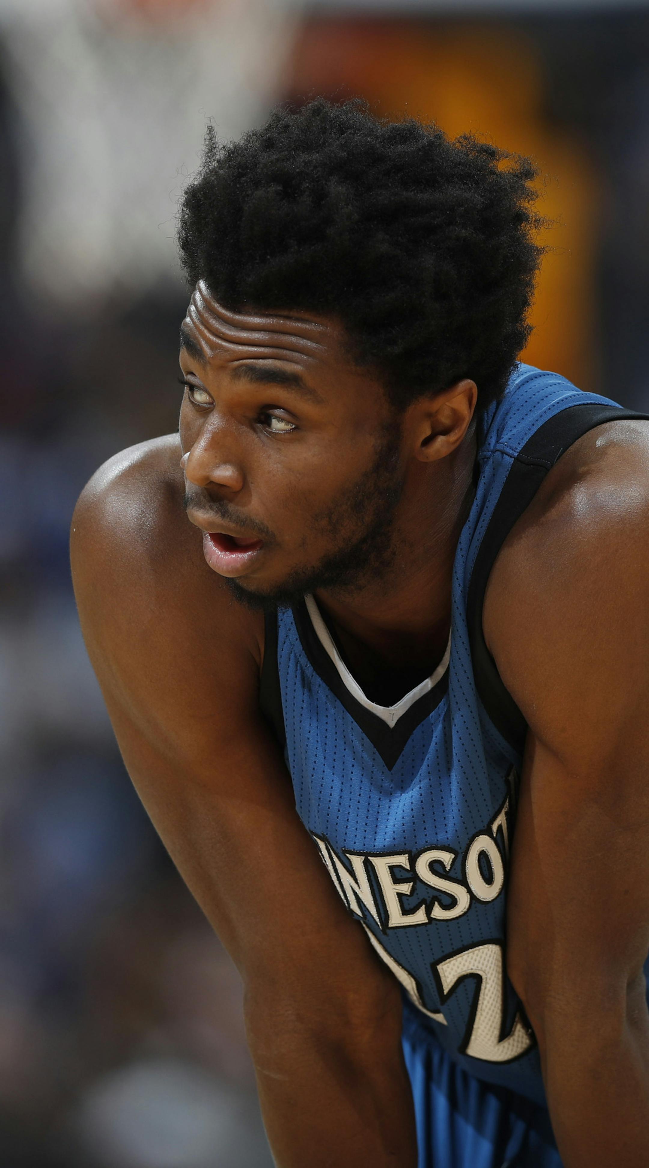 Minnesota Timberwolves forward Andrew Wiggins (22) in the first half of an NBA basketball game Wednesday, Feb. 15, 2017, in Denver. (AP Photo/David Zalubowski)