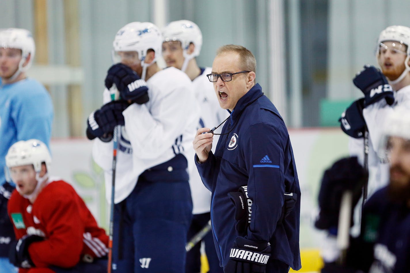 Winnipeg Jets head coach Paul Maurice yells at his players during practice in Winnipeg, Manitoba, Monday, April 9, 2018. The Jets play against the Minnesota Wild in round 1 of the NHL hockey playoffs on Wednesday, April 11. (John Woods/The Canadian Press via AP)