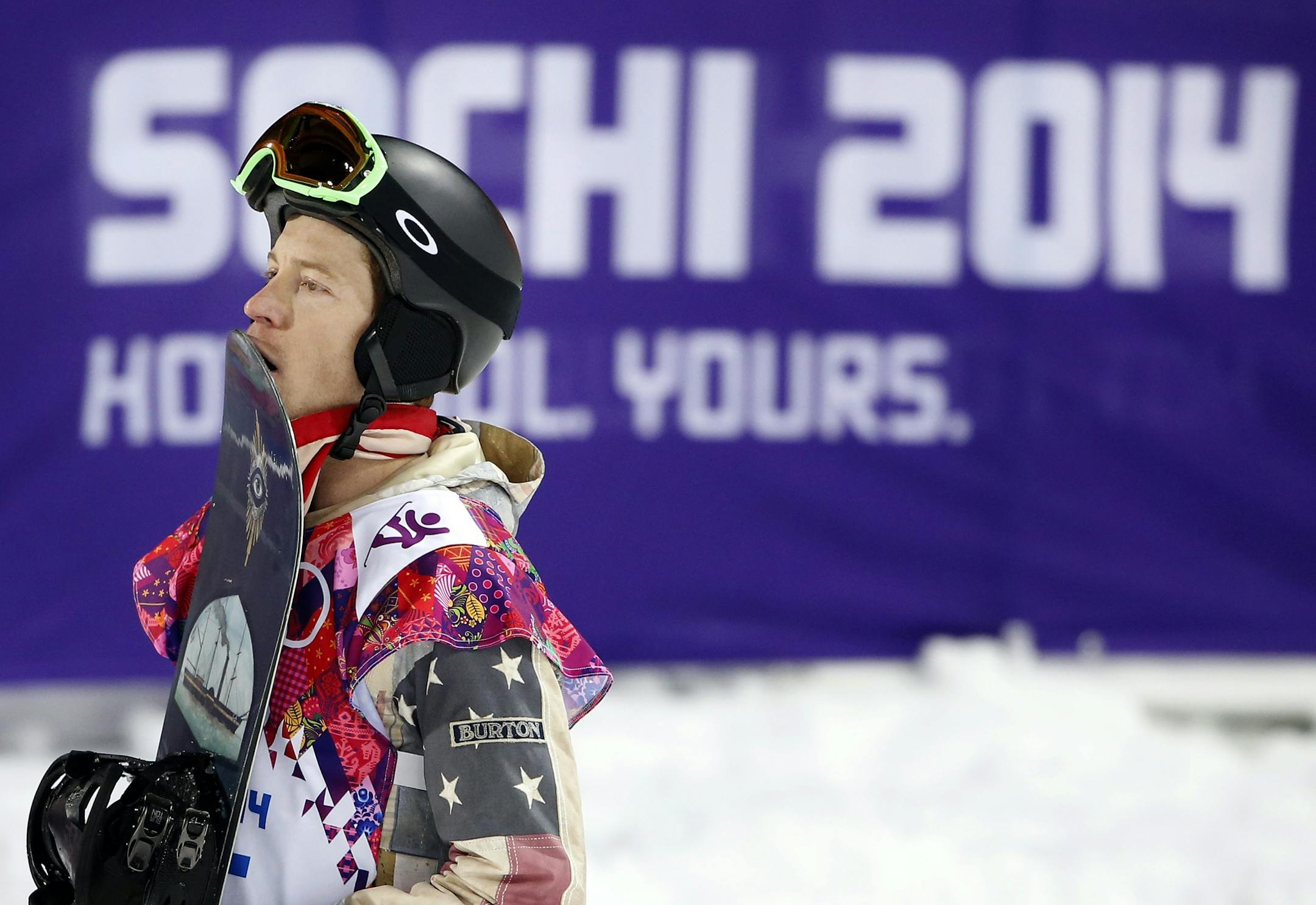Shaun White waited to hear his score after his final run. Shaun White (Carlsbad, Calif.) placed fourth in the men's snowboard halfpipe Tuesday evening at the Sanki Sliding Center in Sochi's Mountain Cluster. After falling on his first run, White scored a 90.25 on his second, but it wash's enough to earn him a podium spot. The gold medal went to Switzerland's Iouri Podladtchikov, who received a 94.75. Japan took the silver and bronze as Ayumu Hirano claimed the silver with a 93.50 and Taku Hirano