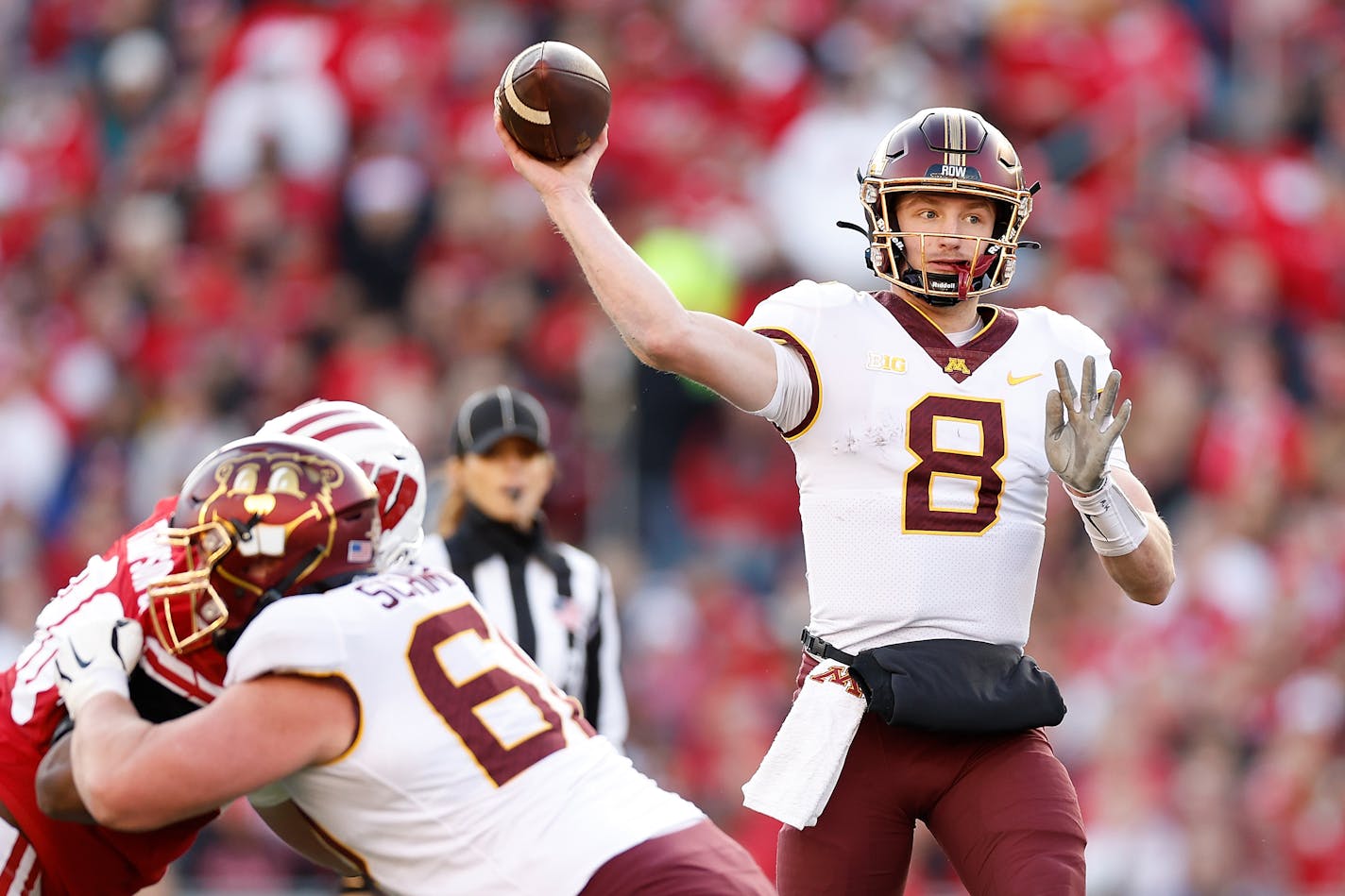 Minnesota quarterback Athan Kaliakmanis (8) throws a pass during the first half against Wisconsin at Camp Randall Stadium on Saturday, Nov. 26, 2022, in Madison, Wisconsin. (John Fisher/Getty Images/TNS) ORG XMIT: 64834051W