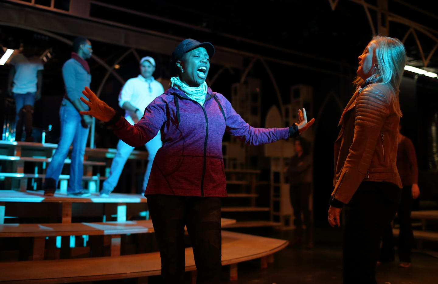 Regina Marie Williams and Tamara Kangas-Erickson, right, discuss &#x201c;Sister Act&#x201d; choreography.