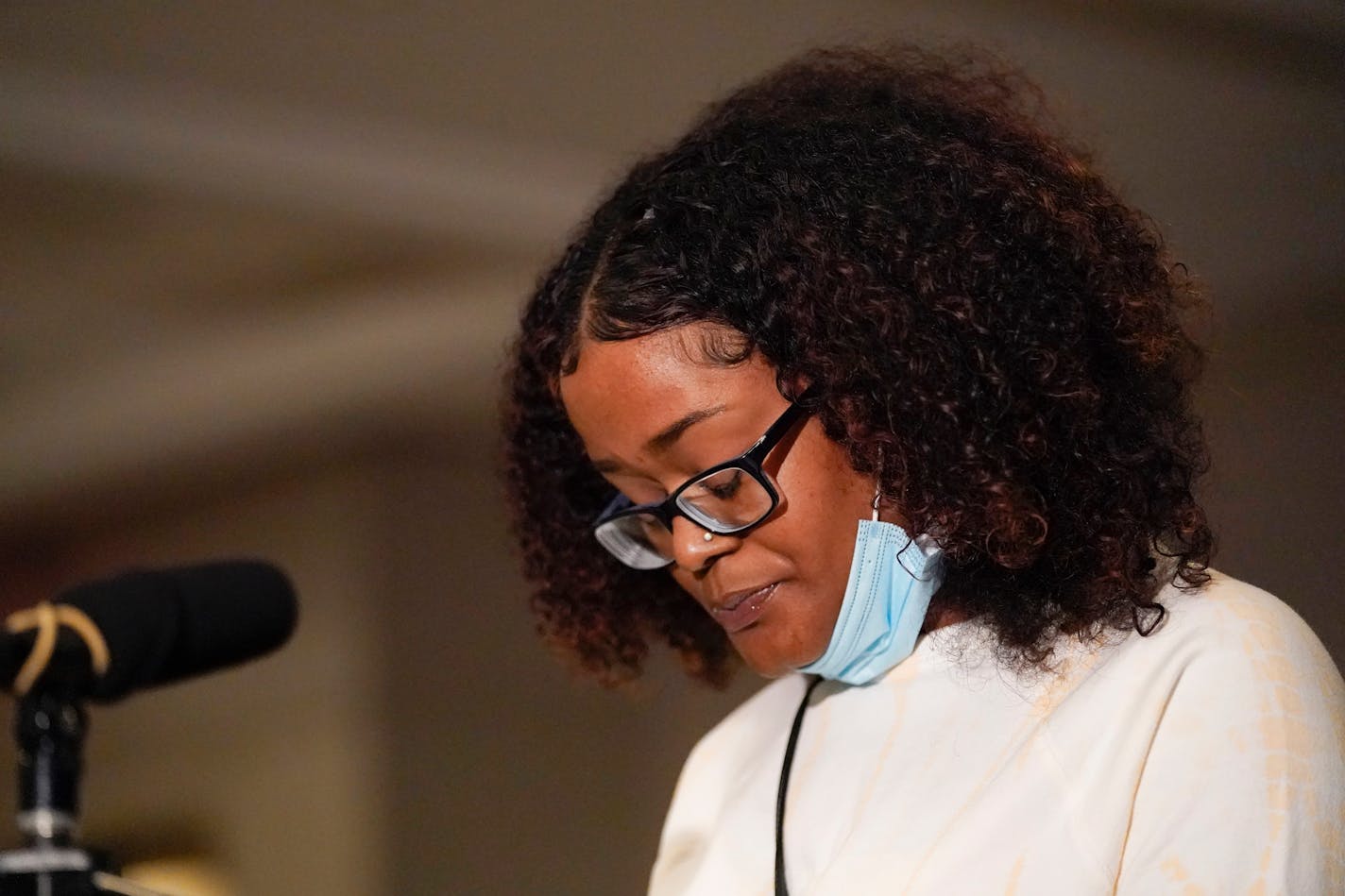 Chyna Whitaker, mother of Daunte Wright's son, Daunte Wright Jr., speaks during a news conference, Friday, April 23, 2021, in Minneapolis. The 20-year-old Wright was killed by then-Brooklyn Center police officer Kim Potter during a traffic stop. (AP Photo/Julio Cortez)