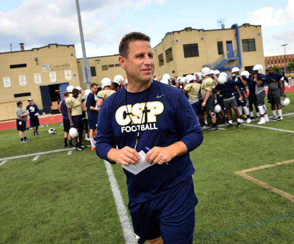 Concordia-St. Paul football head coach Shannon Currier walked to mid field after talking to the team at the start of Tuesday's practice. ] (AARON LAVI