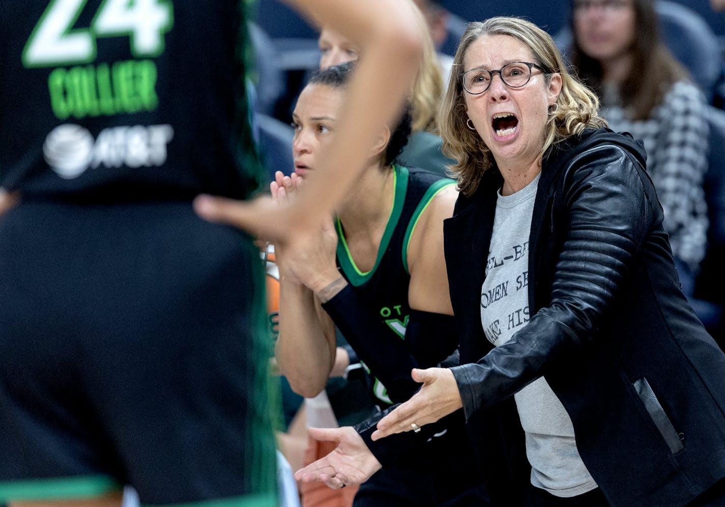 Minnesota Lynx head coach Cheryl Reeve reacts late in the fourth quarter Tuesday, August 22, 2023, at Target Center in Minneapolis, Minn. ] CARLOS GONZALEZ • carlos.gonzalez@startribune.com