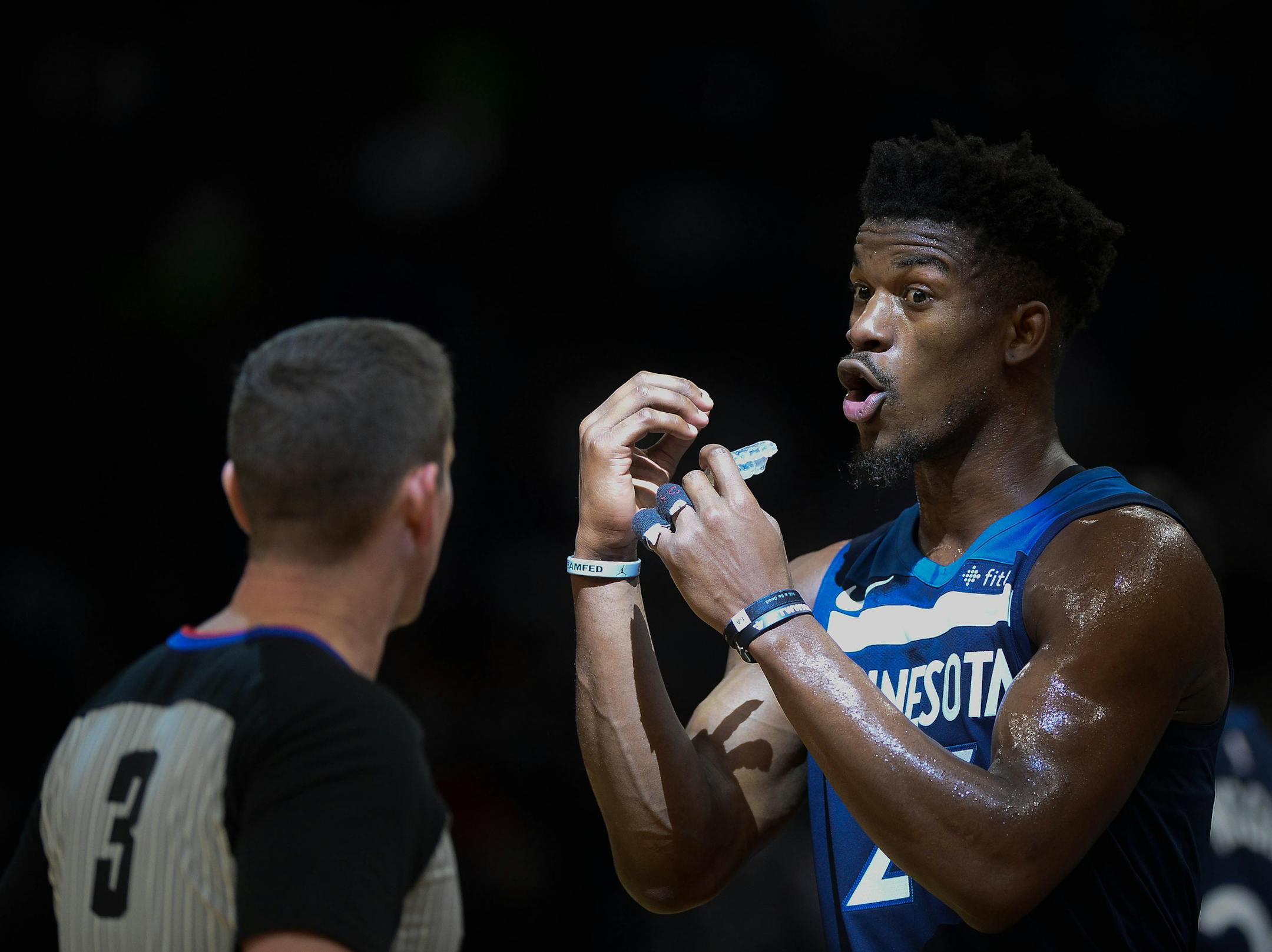 Minnesota Timberwolves guard Jimmy Butler (23) argued after no foul was called during a second half scoring attempt. ] AARON LAVINSKY ï aaron.lavinsky@startribune.com The Minnesota Timberwolves played the Denver Nuggets on Wednesday, Dec. 27, 2017 at Target Center in Minneapolis, Minn.