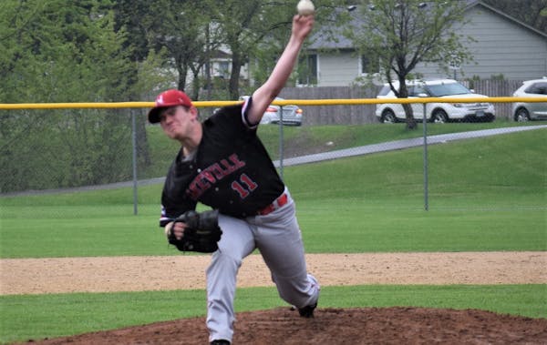 Nathaniel Peterson, Lakeville North, in action vs. Apple Valley on 5-14/2018. Peterson struck out 20 of 21 batters in the game.