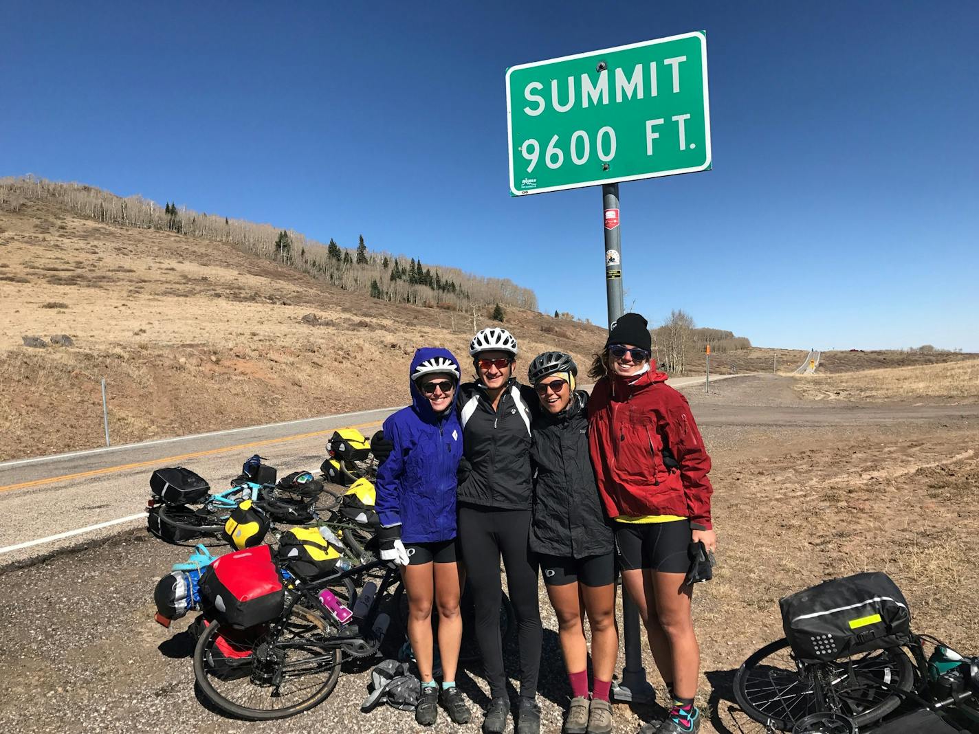 The Women on Wheels gang crossed Boulder Mountain in southern Utah en route to Capitol Reef National Park. From left: Katie Ledermann, Ariana Amini, Hannah Scout Field and Alex Benjamin.