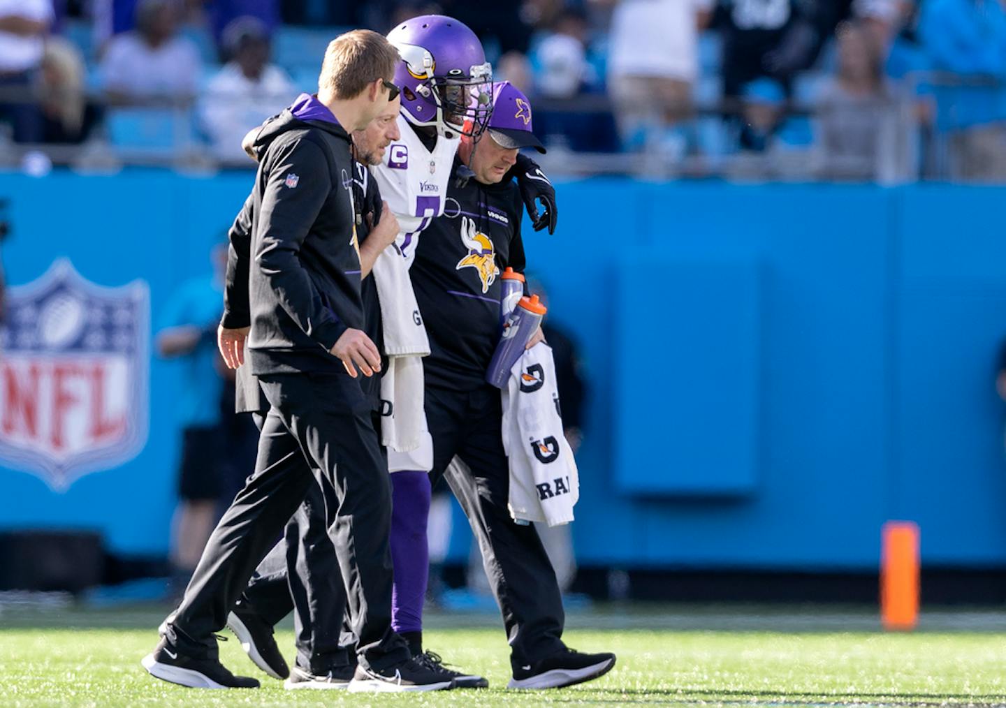 Minnesota Vikings Patrick Peterson (7) helped off the fields at Carolina.