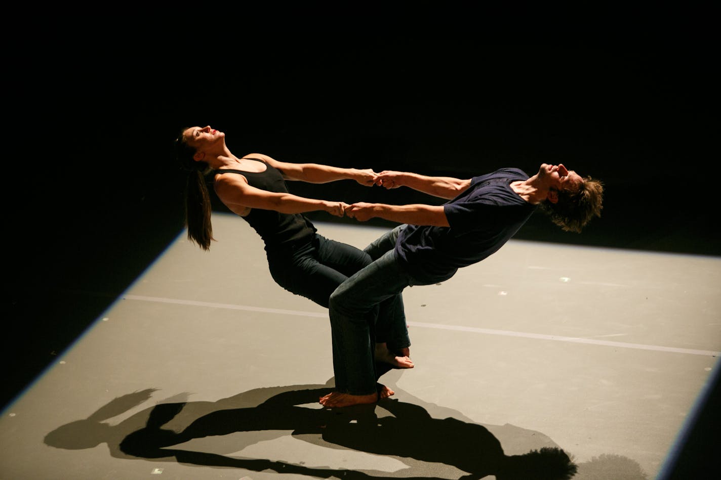 Crystal Edwards and Zack Teska in a Black Label Movement production of Wreck, choreographed and directed by Carl Flink. Costume design by Angie Vo and lighting design by Marcus Dilliard. July 11-20, 2014, in the Dowling Studio at the Guthrie Theater, Minneapolis. Photo by Bill Cameron.