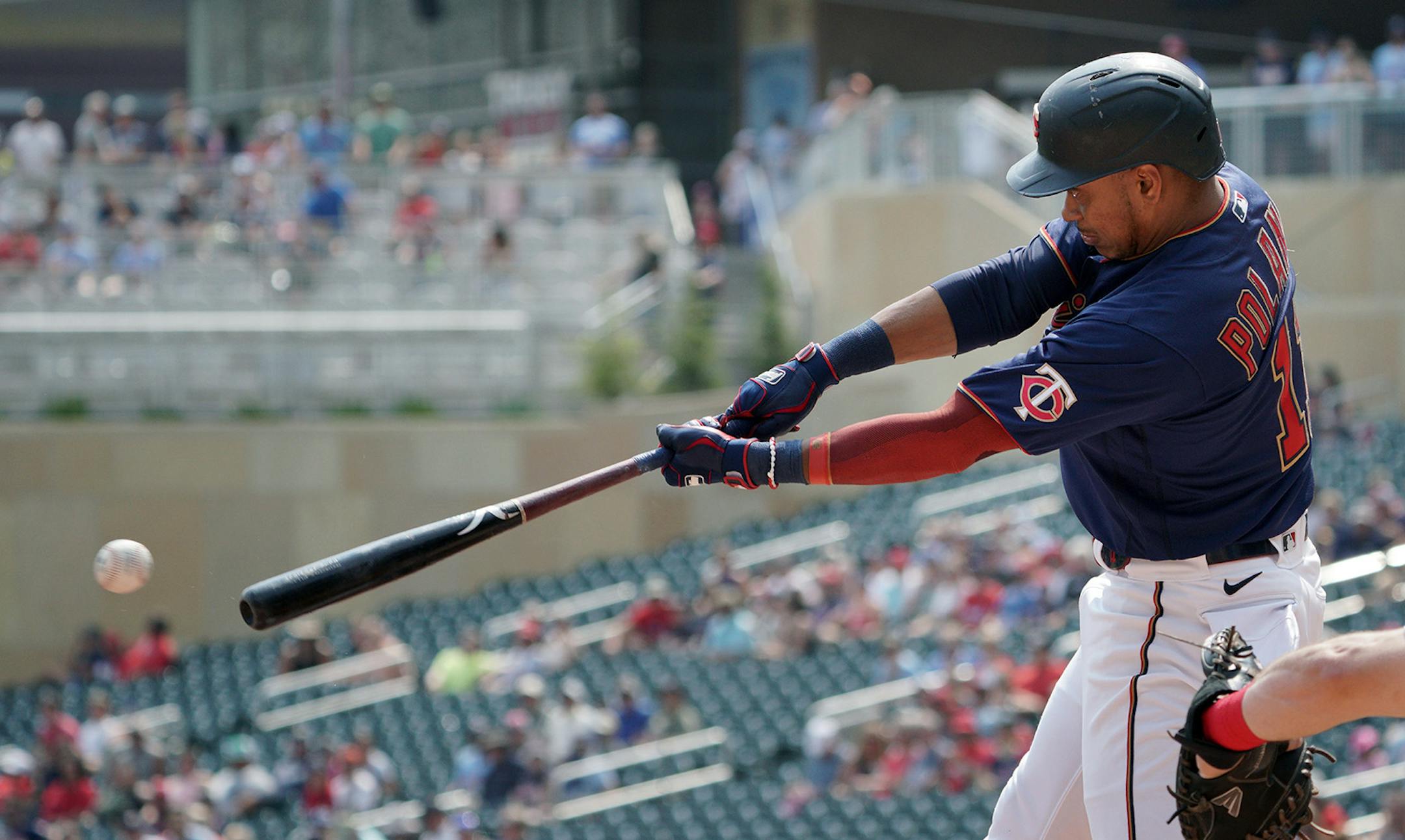 Twins Jorge Polanco hits a RBI single in the 1st inning.