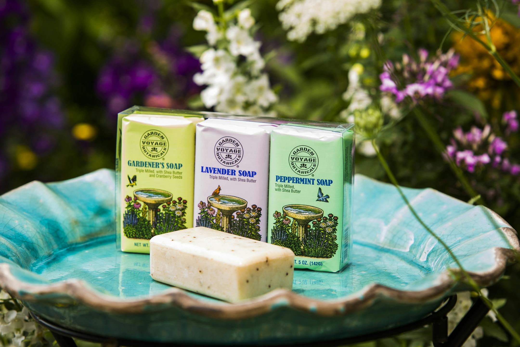 Garden Voyage Botanicals offers fragrant and practical soaps for gardeners. The Birdbath Series includes a gardeners soap with cranberry seeds and walnut shell powder to aid in cleansing; there are also peppermint and lavender bars, each with essential oils. Each 5-ounce bar is $6.95 at gardenvoyage.com. (Rick Urbanowski/Garden Voyage Botanicals) ORG XMIT: 1177062