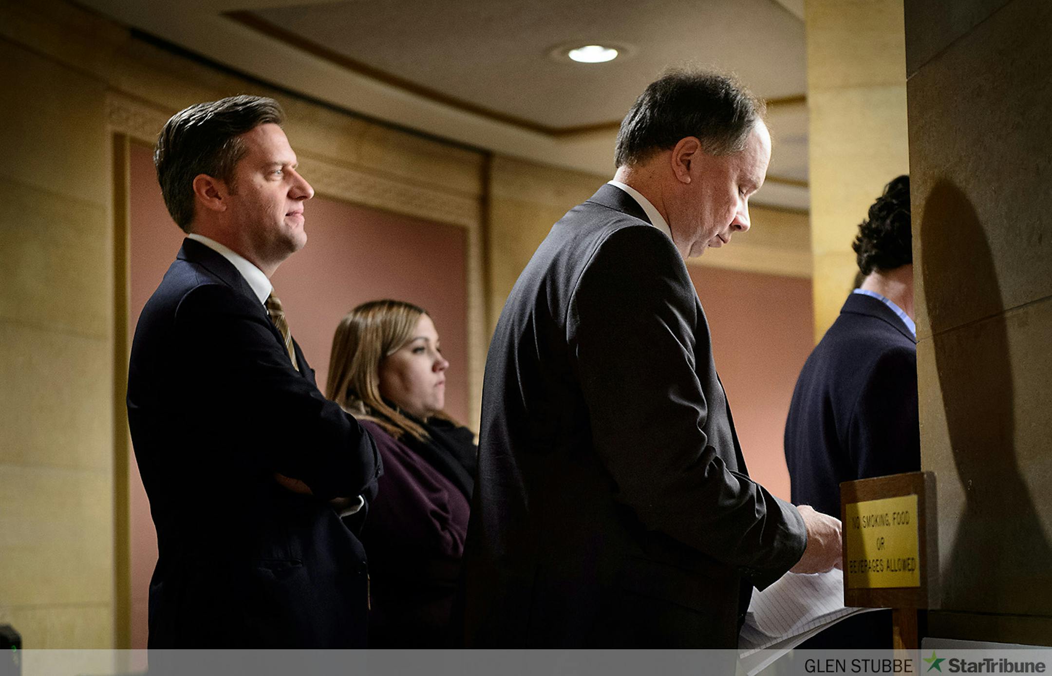 House Speaker Kurt Daudt and Jim Knoblach, R-St. Cloud and chairman of the House Ways and Means committee listened  to the Governor talk about the budget surplus.   Republican lawmakers called on the governor to return most of the surplus to taxpayers and end the call for a gas tax to fund transportation improvements.        ] GLEN STUBBE * gstubbe@startribune.com Friday, February 27, 2015