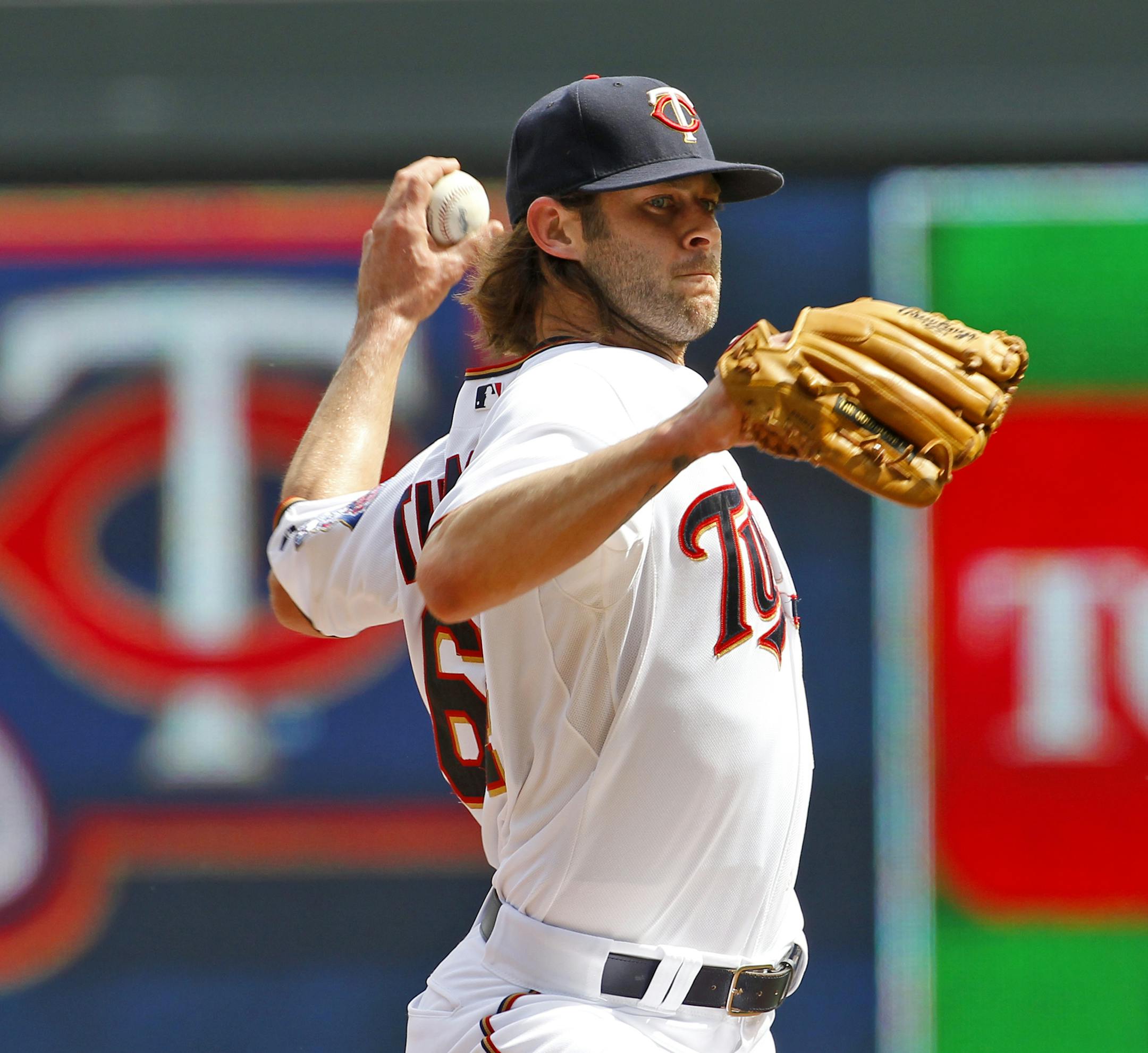 Minnesota Twins pitcher Aaron Thompson delivers to the Kansas City Royals during the sixth inning of a baseball game in Minneapolis, Thursday, April 16, 2015. The Twins won 8-5.(AP Photo/Ann Heisenfelt) ORG XMIT: MIN2015042318231970