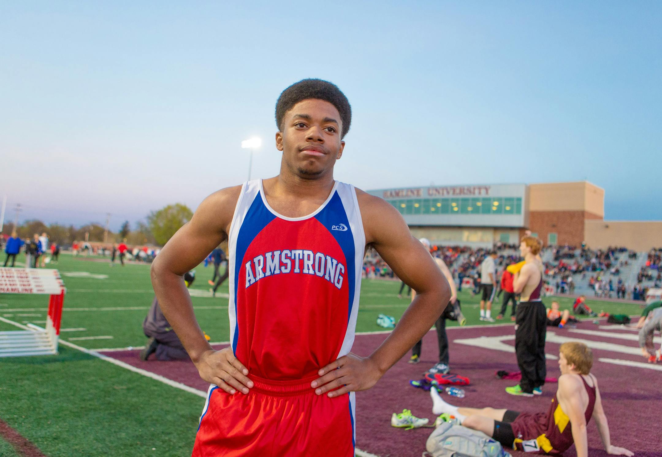 Evan McClellon, Armstrong High School sprinter poses after winning the Boys 200m during the Hamline Elite Track meet Friday, March 29. ] Elizabeth Brumley special to the Star Tribune