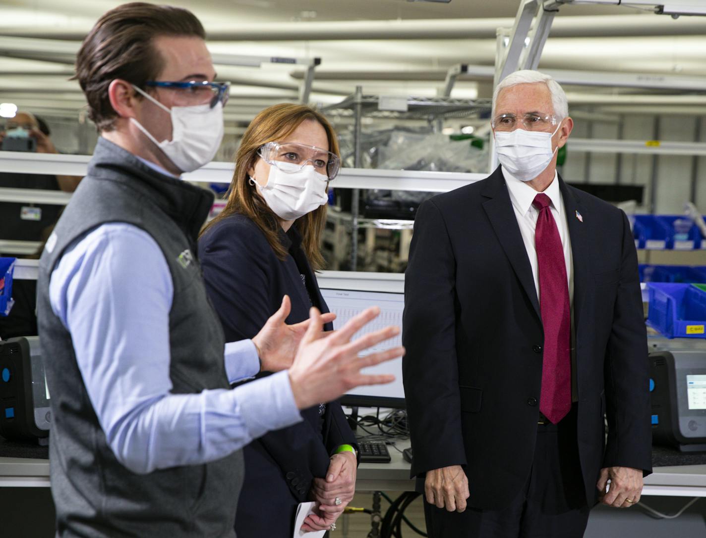 Vice President Mike Pence listened on a tour of the General Motors/Ventec ventilator production facility to Chris Kiple of Ventec along with GM CEO and Chairman Mary Barra in Kokomo, Ind., on Thursday.