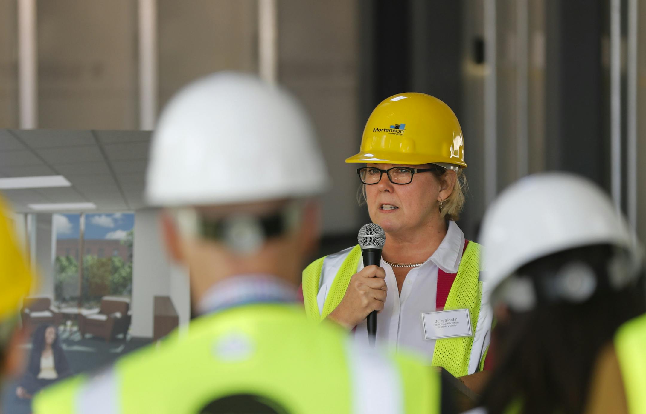 Julie Sjordal, CEO of St. David's Center, spoke during a ceremony celebrating the ongoing construction on the Harman Center for Child & Family Wellbeing at the St. David's Center in Minneapolis, Minn., on Wednesday, May 31, 2017. ] RENEE JONES SCHNEIDER • renee.jones@startribune.com