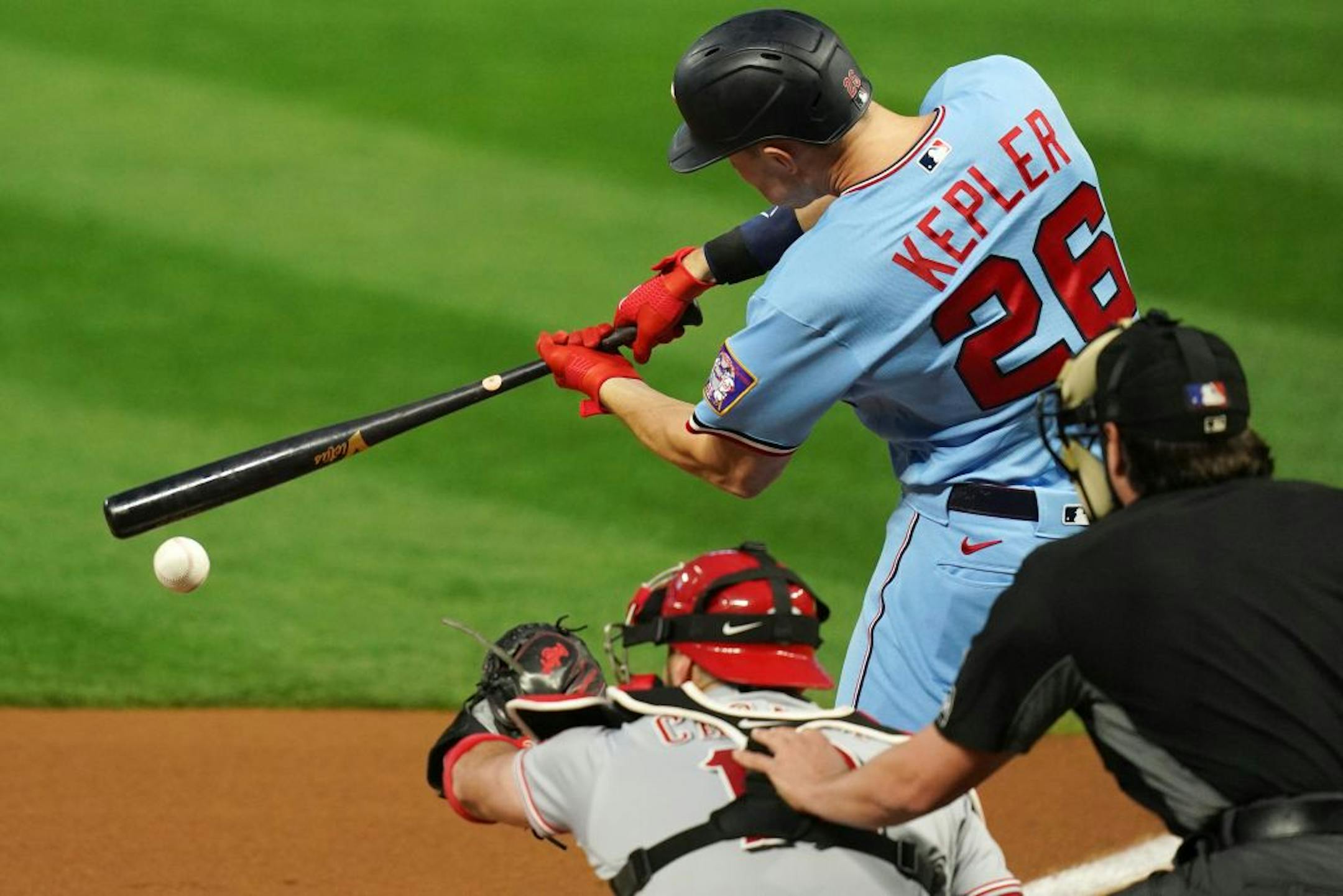 Minnesota Twins right fielder Max Kepler (26) connected with the ball in the first inning.