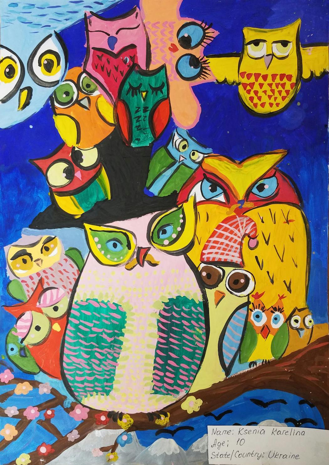 Minnesota’s International Owl Center is hosting a benefit auction that includes this painting by a 10-year-old Ukrainian girl.