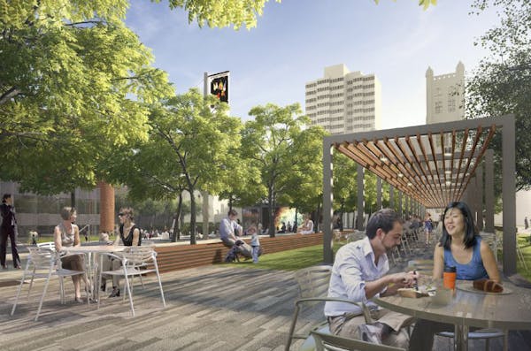 A rendering of the proposed redesign for Peavey Plaza, looking south from next to Orchestra Hall.