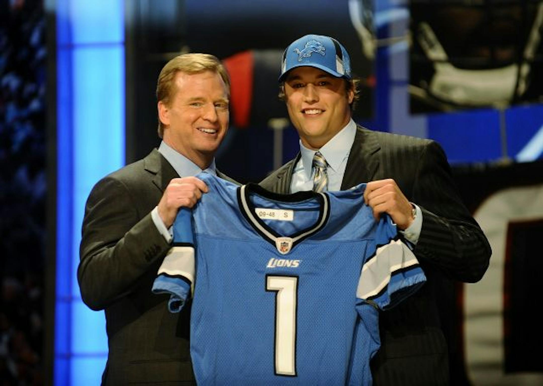NEW YORK - APRIL 25: NFL Commissioner Roger Goodell stands with Detroit Lions #1 draft pick Matthew Stafford at Radio City Music Hall for the 2009 NFL Draft on April 25, 2009 in New York City