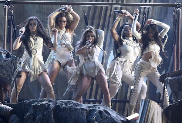 Lauren Jauregui, Dinah Jane, Ally Brooke, Camila Cabello, and Normani Kordei of Fifth Harmony, perform "That's My Girl" at the American Music Awards a