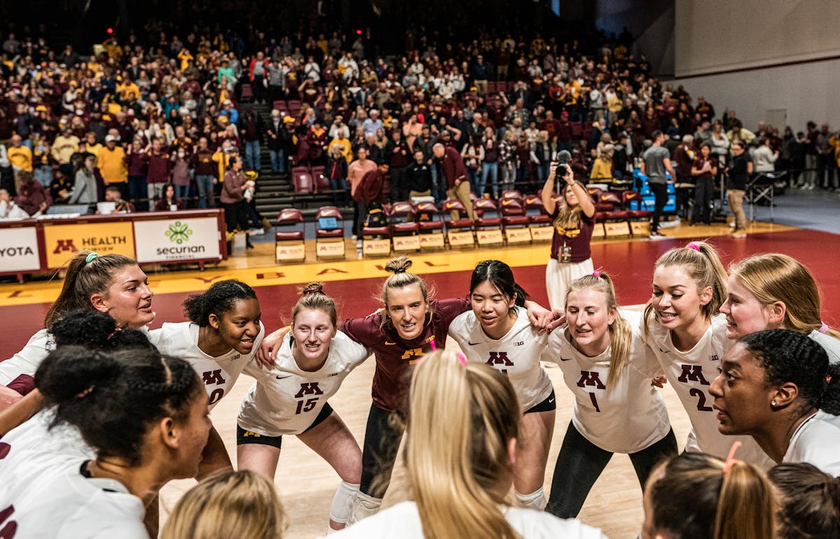 Gophers celebrate their straight sets win against the Hoosiers at Maturi Pavilion Minneapolis, Minn., on Sunday, Nov. 13, 2022. This is the women's vo