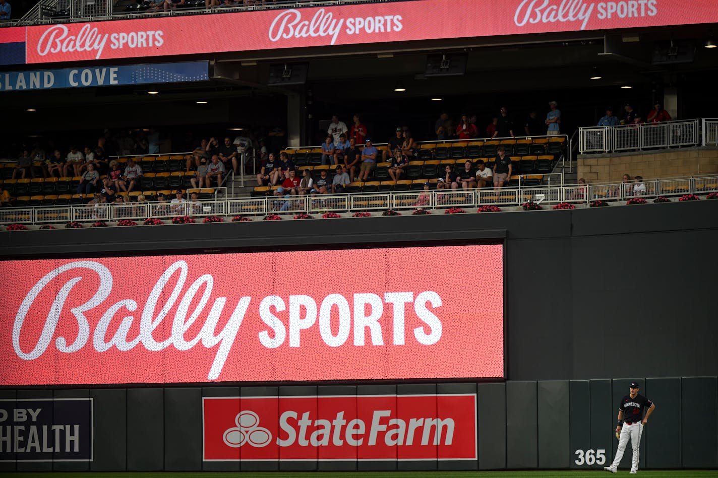 Bally Sports advertisements in right field as Minnesota Twins right fielder Max Kepler (26) waits for a pitch against the Boston Red Sox Tuesday, June 20, 2023, at Target Field in Minneapolis, Minn. ] AARON LAVINSKY • aaron.lavinsky@startribune.com