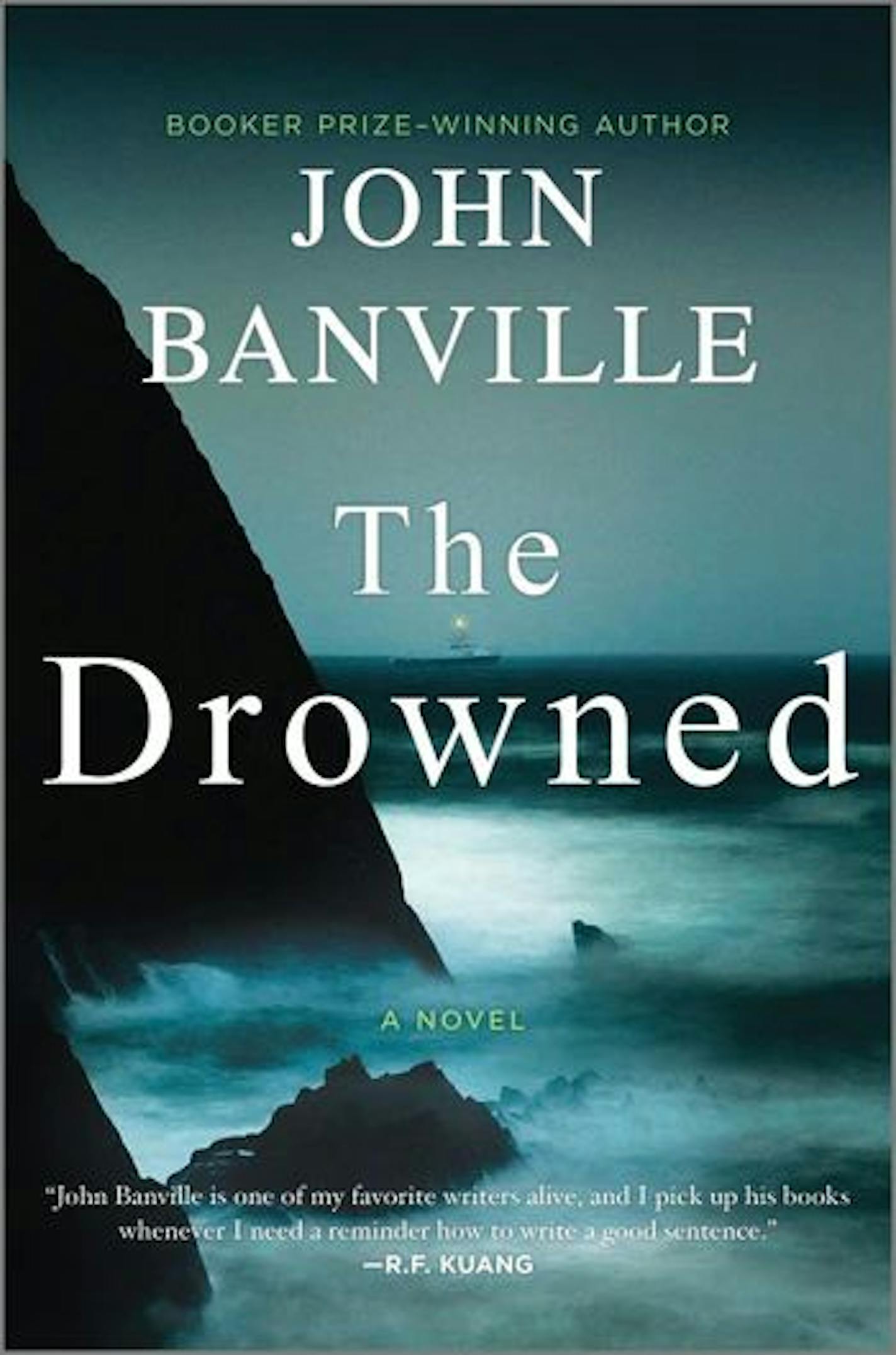 cover of The Drowned is a blue-tinted photo of a rocky coast