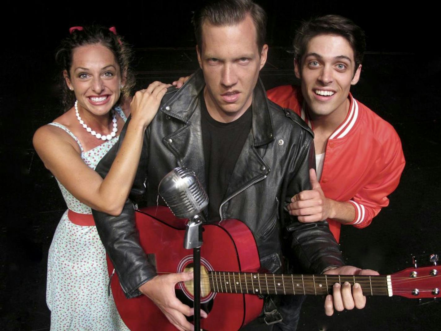 Maureen Sherman Mendez as Natalie Haller, Joshua James Campbell as Chad, and Nathaniel Irvin as Dennis in "All Shook Up" at Minnetonka Theatre. Photo by Maureen Kvam