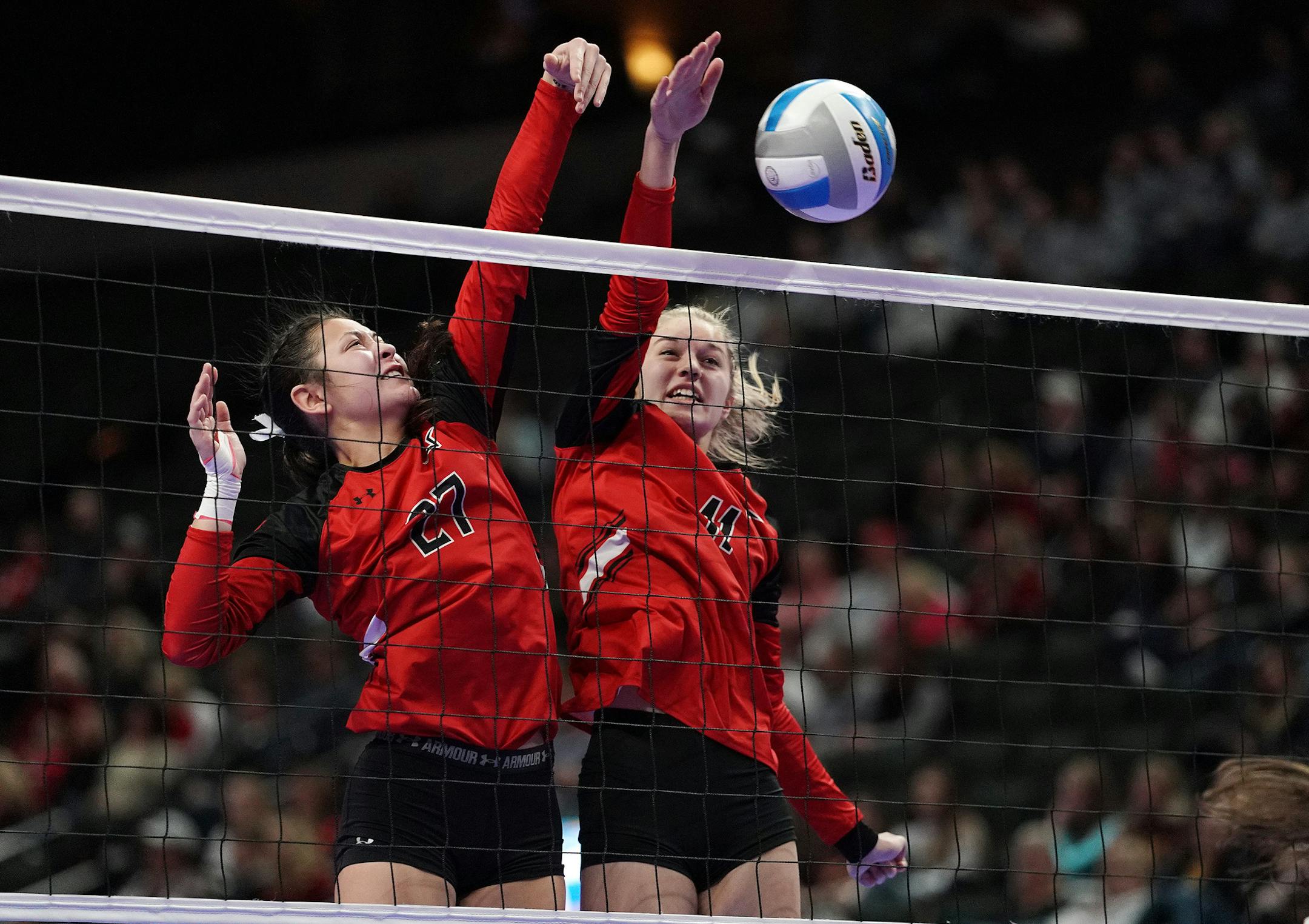 North Branch's Reagan Irons (27) and Cianna Selbitschka (11) went up to block a shot by Marshall's Paige Andries (6) in the first set. ] ANTHONY SOUFFLE ï anthony.souffle@startribune.com North Branch High School played Marshall High School in a Class 2A state volleyball championship game Saturday, Nov. 10. 2018 at the Xcel Energy Center in St. Paul, Minn.