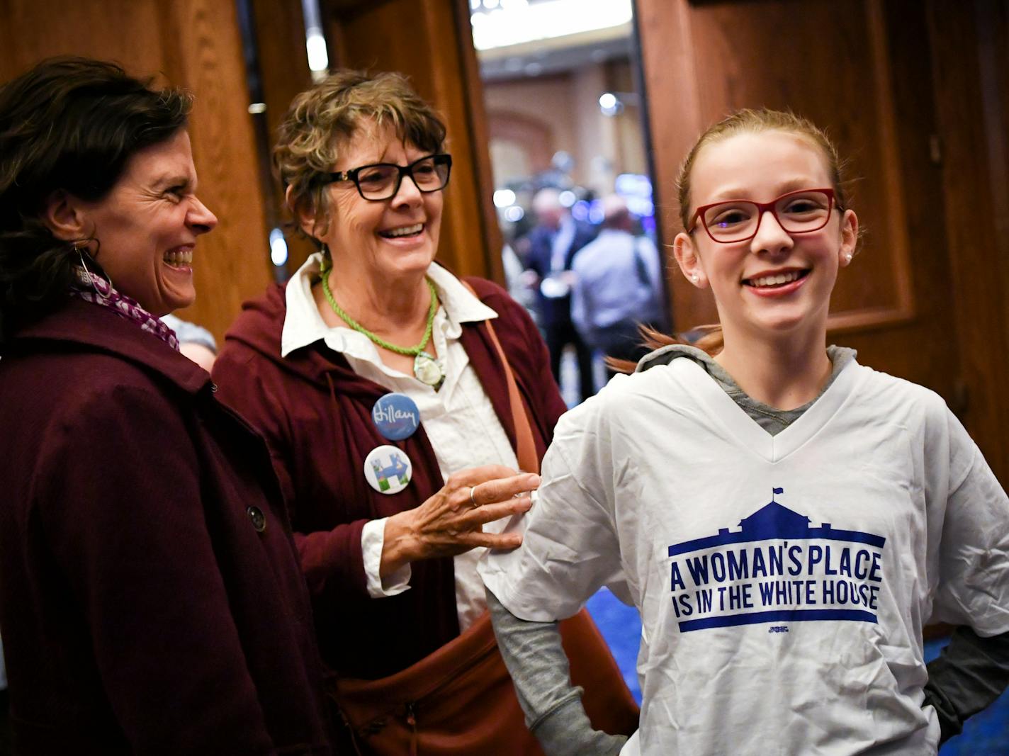 Frances Tappajohn-Goldade, 12, wanted a tee shirt to commemorate the night. She came to the DFL party with her mom Susanna and grandmother Paula. ] GLEN STUBBE * gstubbe@startribune.com TUESDAY, November 8, 2016 Minnesota DFL victory party at the Minneapolis Hilton