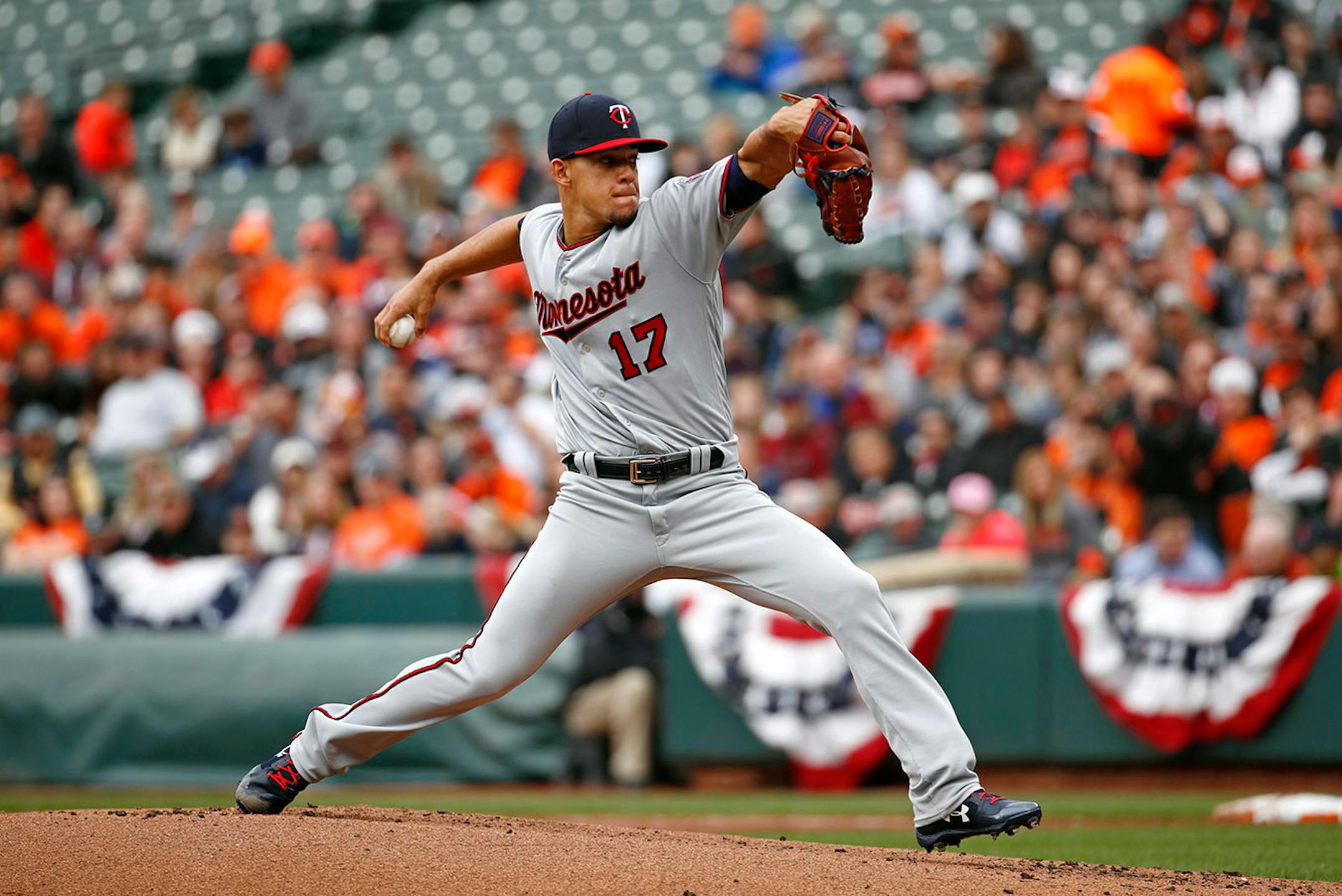 Minnesota Twins starting pitcher Jose Berrios throws to the Baltimore Orioles in the first inning of a baseball game Sunday, April 1, 2018, in Baltimore.