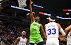 Wolves forward Andrew Wiggins got to the rim for this layup in a game against the Philadelphia 76ers, but nearly half of all Wiggins' shot attempts co